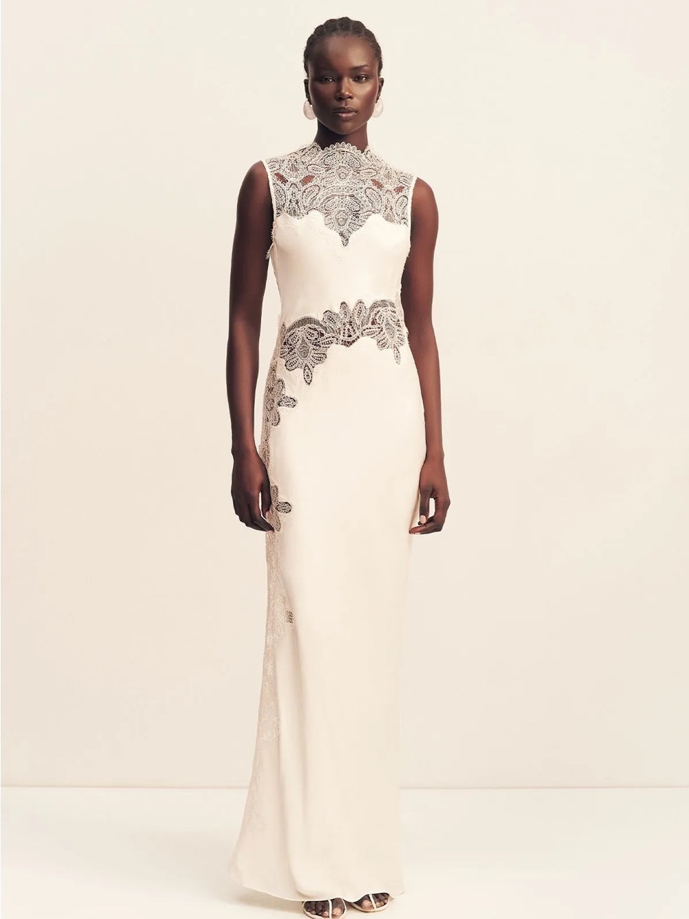 White Lace-Accent High-Neck Maxi Dress